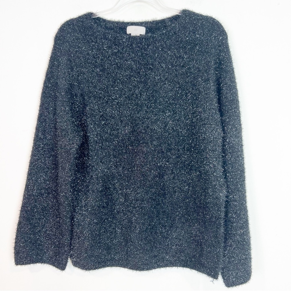 H&M BLACK METALLIC EYELASH FUZZY LONG SLEEVE PULLOVER SWEATER WOMENS SZ XS